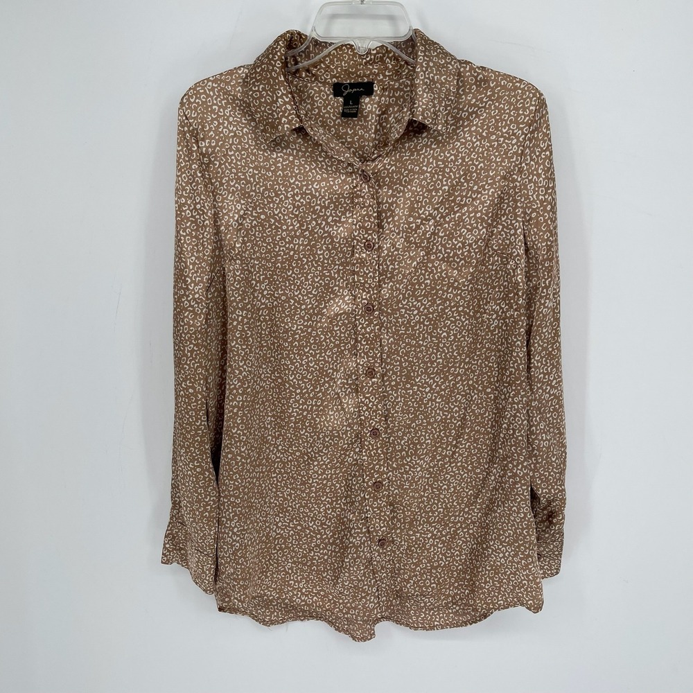 Japna Women's Tan Leopard Print Satin Long Sleeve Button Front Blouse Size L